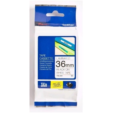 Cinta Rotuladora Brother TZe-261 Adhesivo estándar 36mm x 8m blanca letras negras