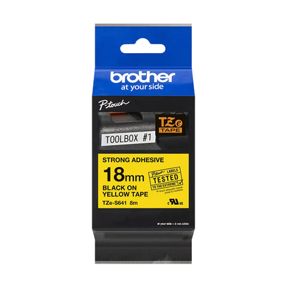 Cinta Rotuladora Brother TZe-S641 Super Adhesiva 18mm x 8mts Negro sobre Amarillo